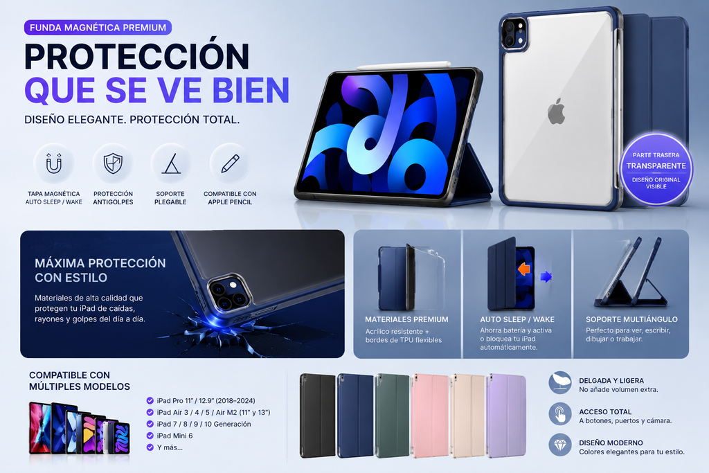 Funda Magnética para iPad con Soporte | Compatible con Air, Pro, Mini y 10.ª/11.ª Generación