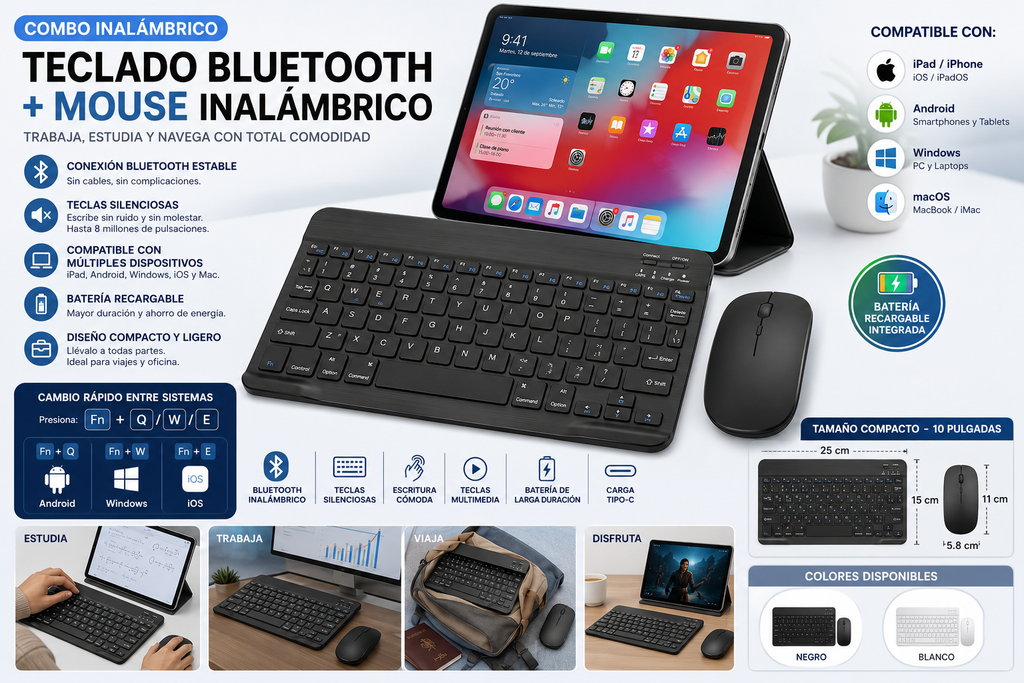 Teclado y Mouse Inalámbricos Bluetooth para iPad, Tablet, Android, iOS y Windows