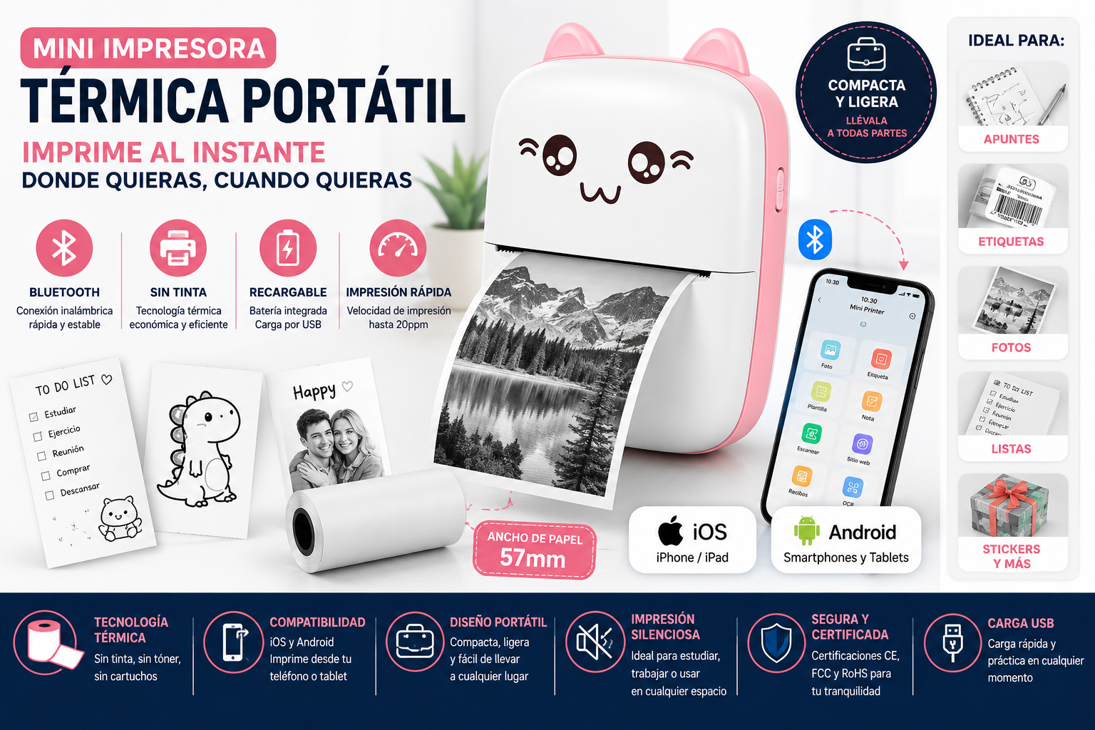 Mini Impresora Térmica Portátil Inalámbrica para Fotos, Etiquetas y Notas