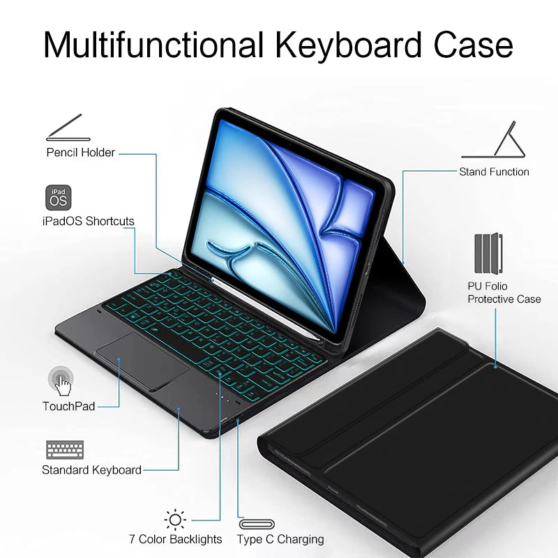 Funda con Teclado Bluetooth para iPad Pro 11" y iPad Air | Touchpad Multigestos | Retroiluminación RGB | Soporte para Apple Pencil