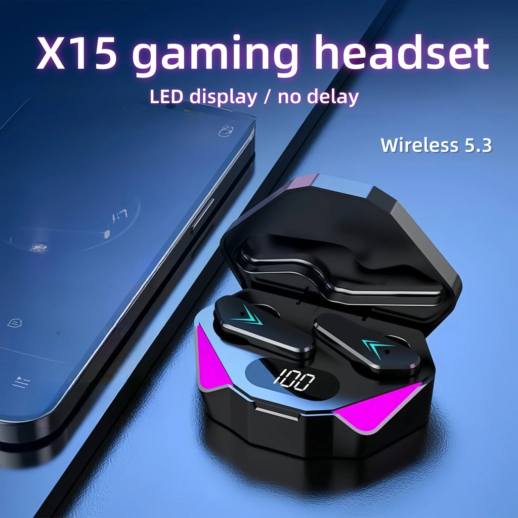 Auriculares Gaming Inalámbricos X15 Bluetooth 5.3 con Pantalla LED | Baja Latencia | Micrófono HD | Estuche de Carga