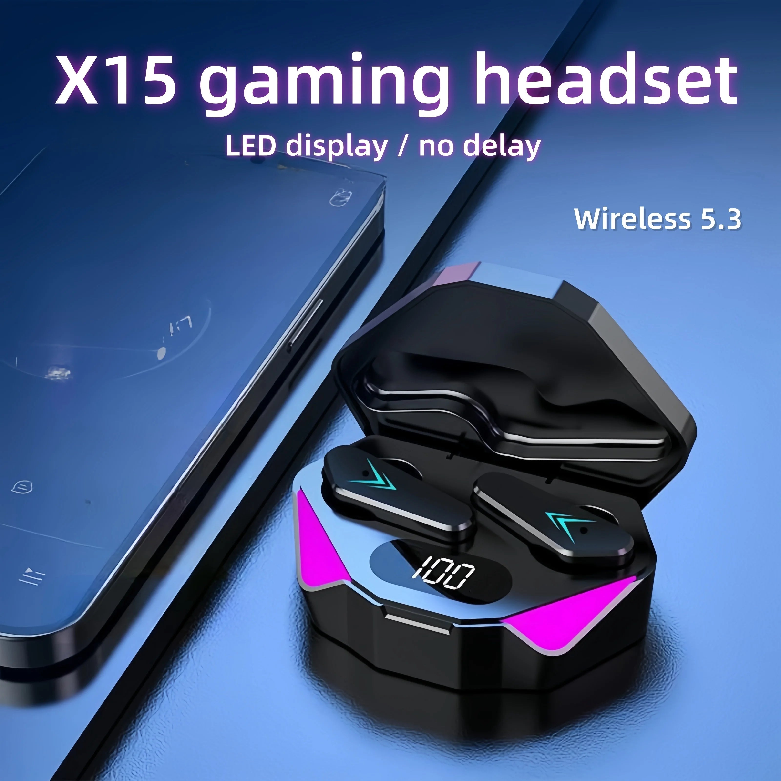 Auriculares Gaming Inalámbricos X15 Bluetooth 5.3 con Pantalla LED | Baja Latencia | Micrófono HD | Estuche de Carga