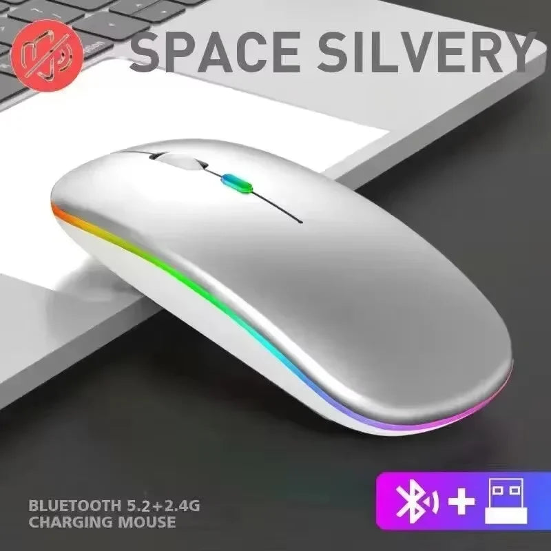 Mouse Inalámbrico Bluetooth Dual Recargable con Luz LED Silencioso, Compatible con PC, Laptop y Tablet