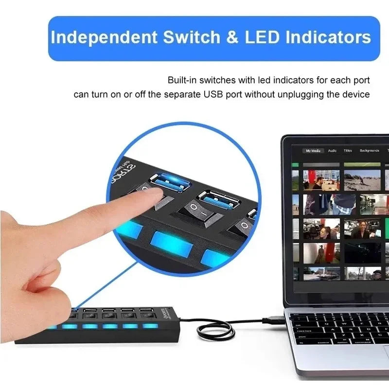 Hub USB 7 Puertos con Interruptores Individuales – Expande tu Conectividad al Máximo