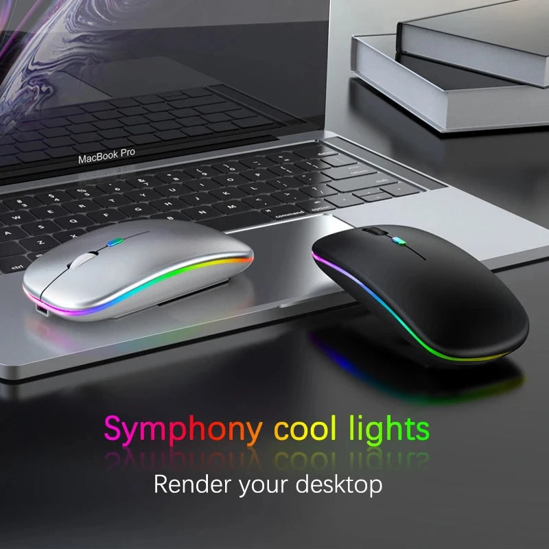 Mouse Inalámbrico Bluetooth Dual Recargable con Luz LED Silencioso, Compatible con PC, Laptop y Tablet