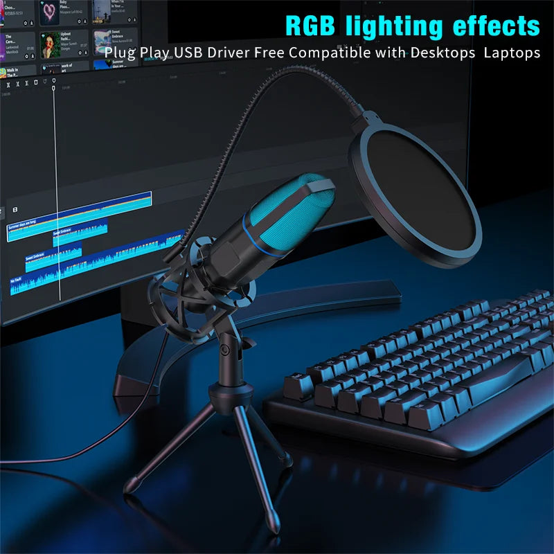 Micrófono Condensador USB RGB para Streaming, Gaming y Podcast | Plug &amp; Play con Filtro Antipop y Trípode