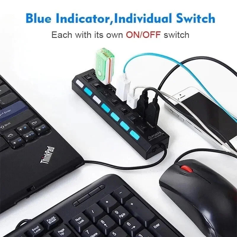 Hub USB 7 Puertos con Interruptores Individuales – Expande tu Conectividad al Máximo