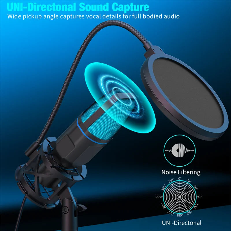 Micrófono Condensador USB RGB para Streaming, Gaming y Podcast | Plug &amp; Play con Filtro Antipop y Trípode