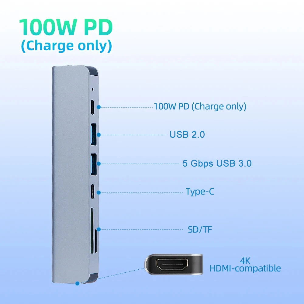 Hub USB-C Premium 7 en 1 | HDMI 4K, USB 3.0, SD/TF y Carga PD 100W