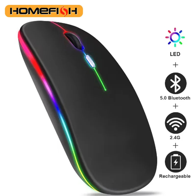 Mouse Inalámbrico Bluetooth Dual Recargable con Luz LED Silencioso, Compatible con PC, Laptop y Tablet