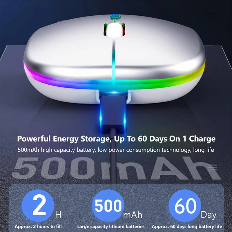 Mouse Inalámbrico Bluetooth Dual Recargable con Luz LED Silencioso, Compatible con PC, Laptop y Tablet
